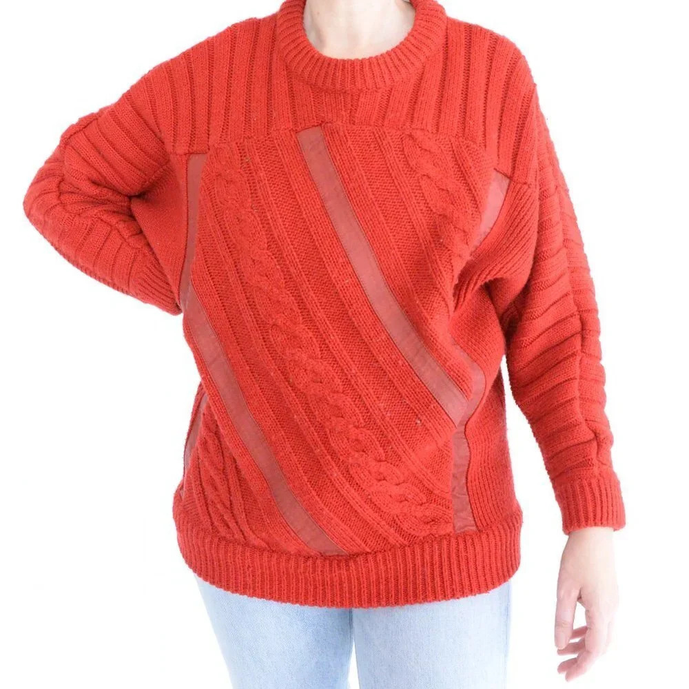 Vintage Together Red Black Stripes 15% Wool 100% Leather Sweater M